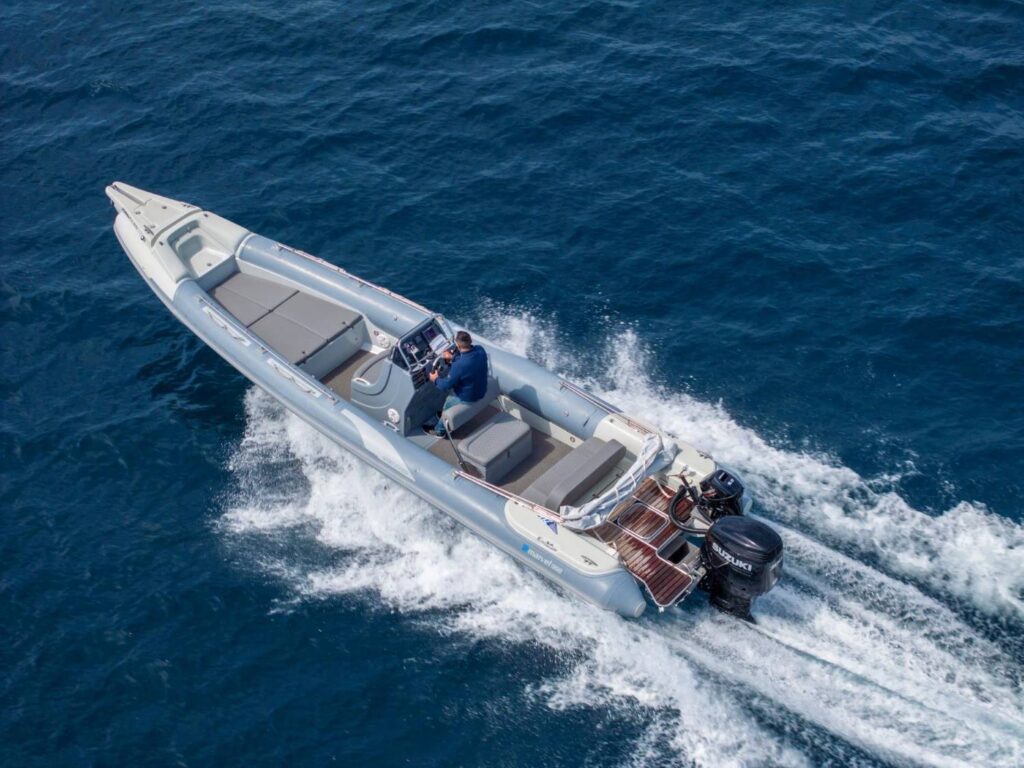 Luxury RIB boat Marvel 960 cruising between Poros and Hydra in the Saronic Gulf