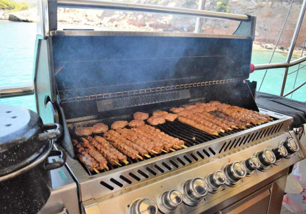 Traditional Greek BBQ lunch served on board for 49 passengers