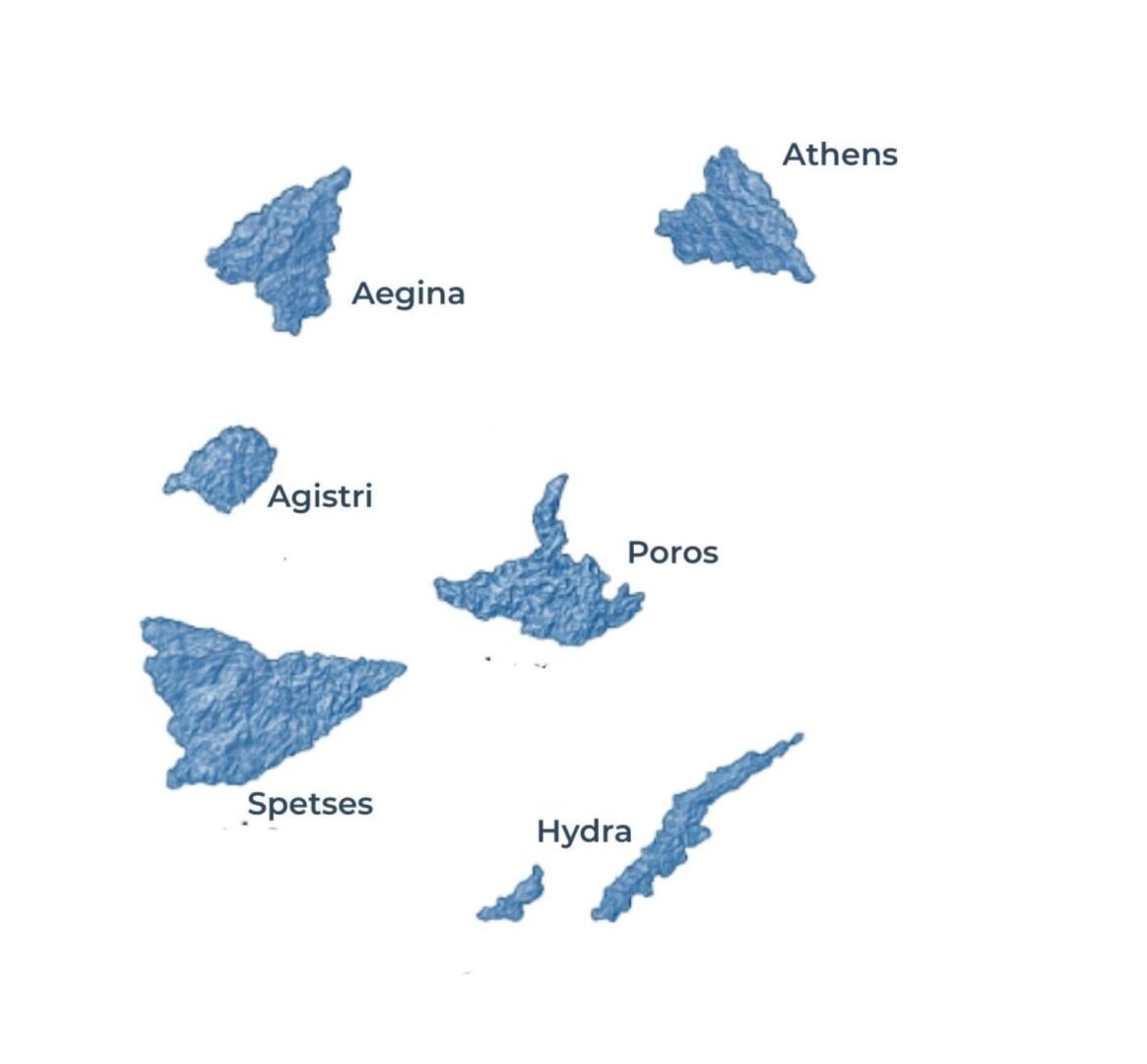 Saronic Islands map showing private boat tours from Athens, Poros, Hydra, Spetses, Aegina, Agistri